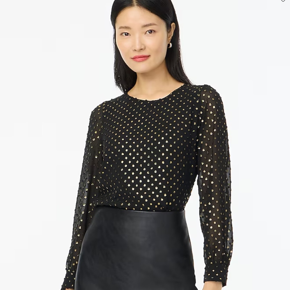 J. CREW NWT Gold shimmer clip-dot top Sheer sleeves size L black